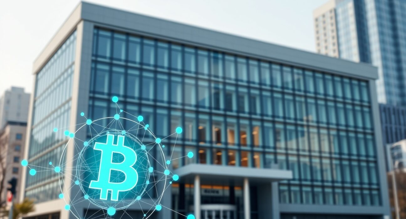 South Korean government building with digital finance symbols representing new pension eligibility rules for cryptocurrency assets.