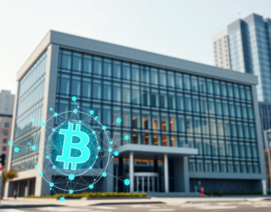 South Korean government building with digital finance symbols representing new pension eligibility rules for cryptocurrency assets.
