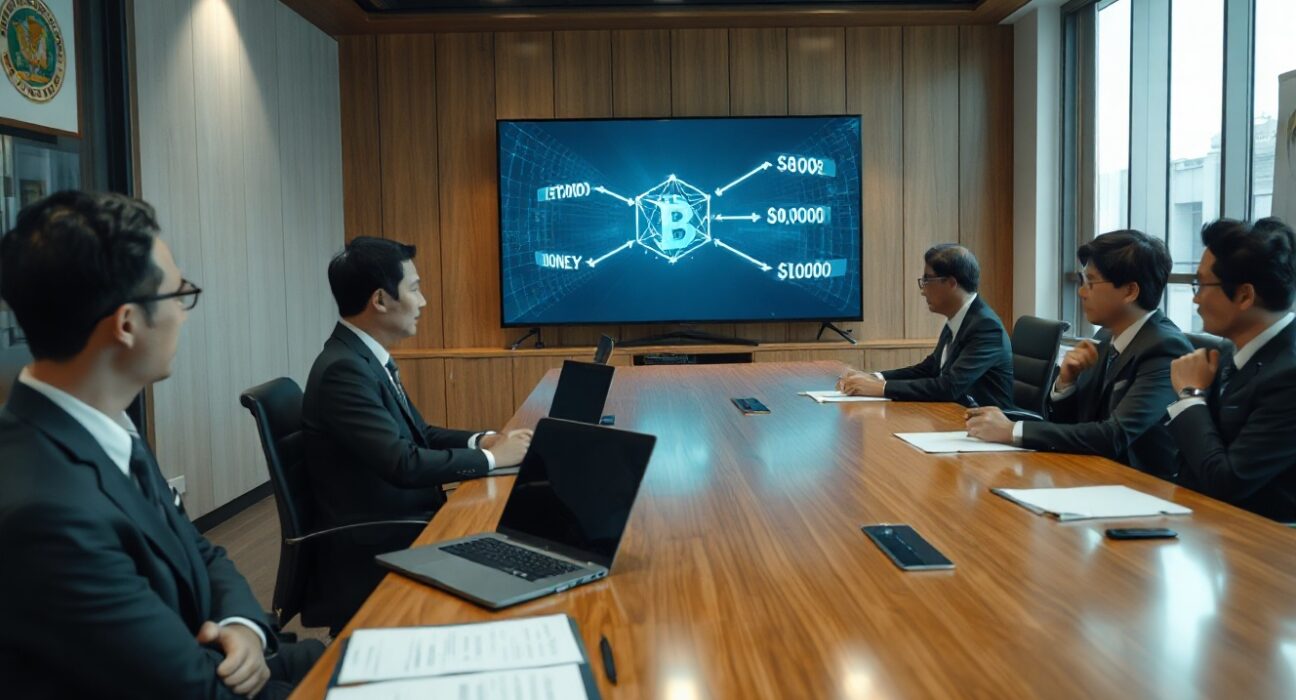 South Korean officials in a meeting room discussing cryptocurrency regulation and illicit outflows