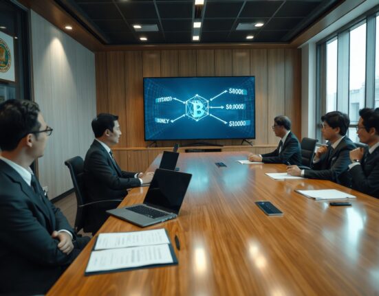 South Korean officials in a meeting room discussing cryptocurrency regulation and illicit outflows