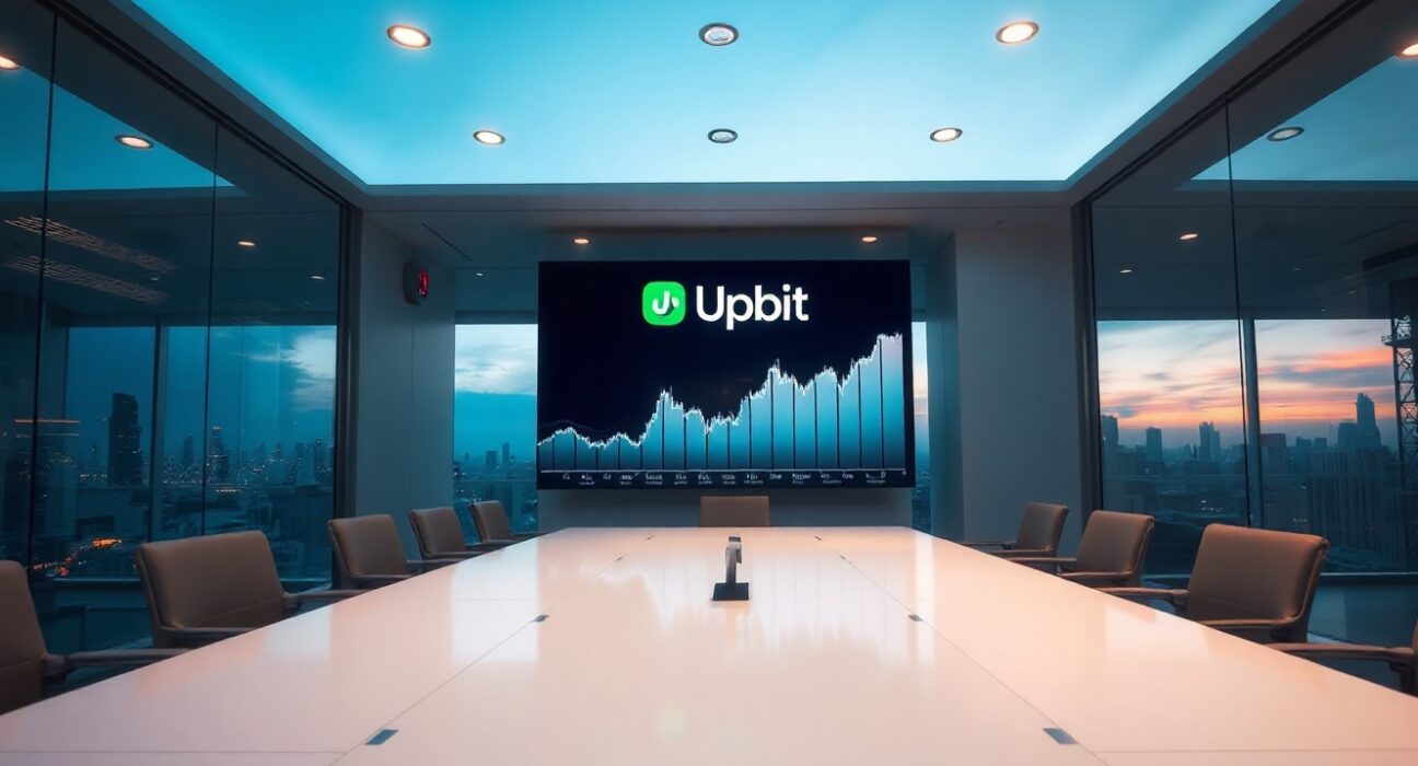 Interior of a modern cryptocurrency exchange office in Seoul with Upbit logo on a digital screen showing trading charts.