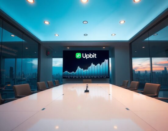 Interior of a modern cryptocurrency exchange office in Seoul with Upbit logo on a digital screen showing trading charts.