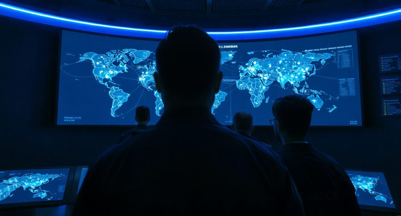 South Korean police officers monitoring a blockchain transaction map in a high-tech operations center.