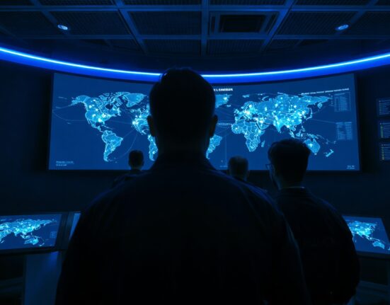 South Korean police officers monitoring a blockchain transaction map in a high-tech operations center.
