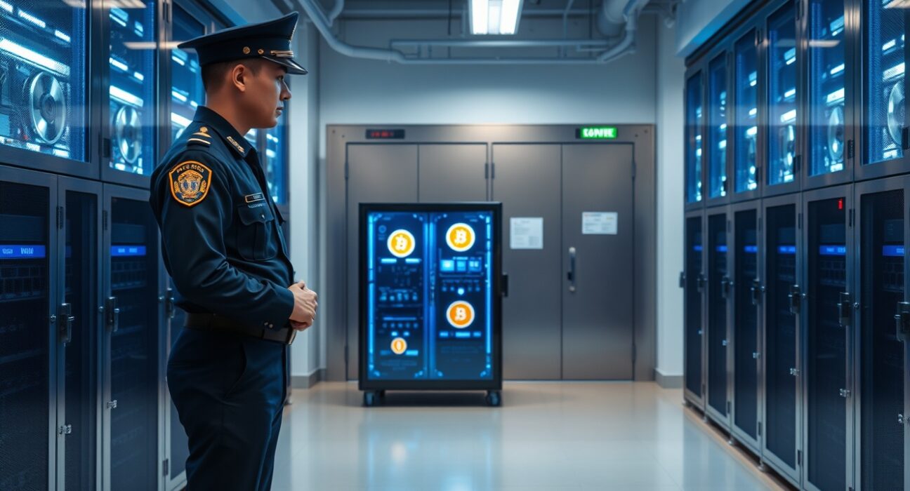 South Korean police officer inspecting a secure vault with digital cryptocurrency storage units.