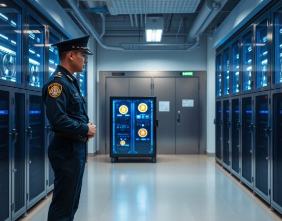 South Korean police officer inspecting a secure vault with digital cryptocurrency storage units.