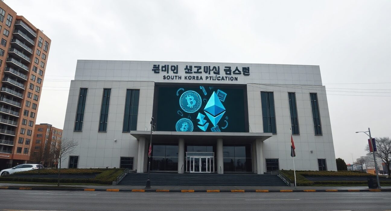 South Korean police station exterior with digital screen displaying cryptocurrency symbols
