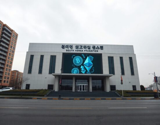 South Korean police station exterior with digital screen displaying cryptocurrency symbols