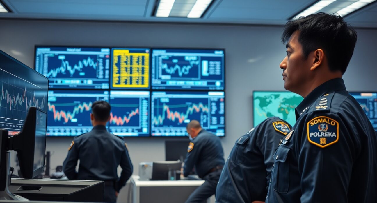 South Korean police officers reviewing cryptocurrency transaction data on monitors in an investigation office