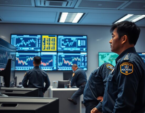 South Korean police officers reviewing cryptocurrency transaction data on monitors in an investigation office