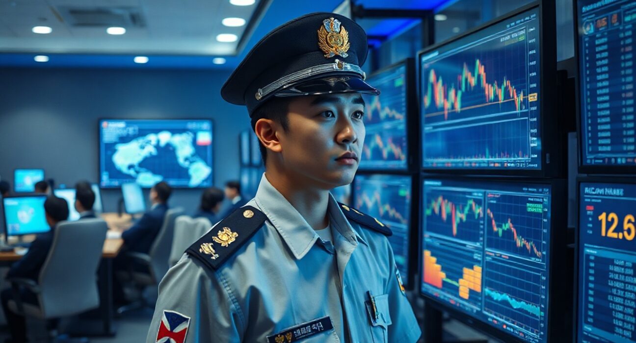 South Korean police officer monitoring cryptocurrency transactions in a command center