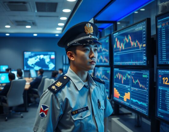 South Korean police officer monitoring cryptocurrency transactions in a command center