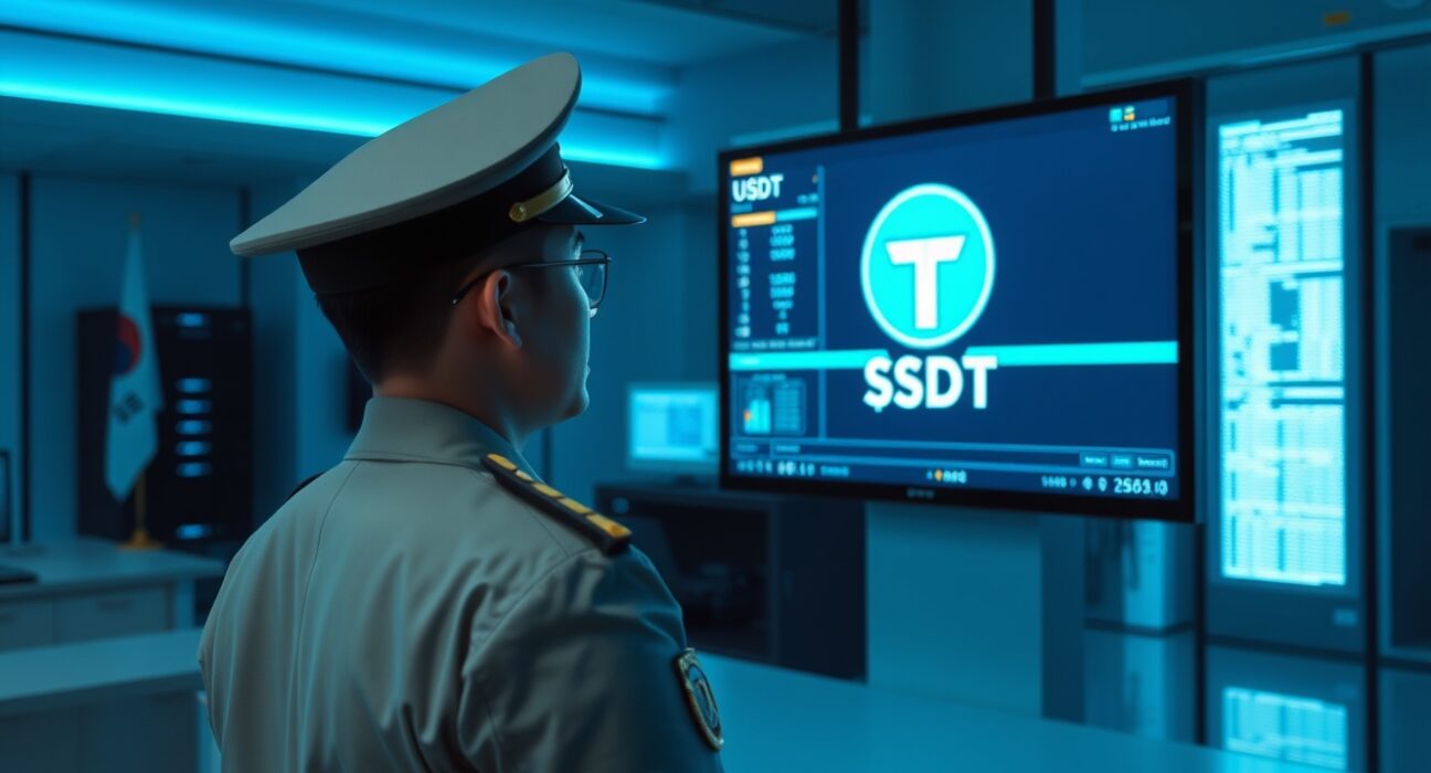 South Korean police officer monitoring blockchain data and USDT transactions in an investigation office