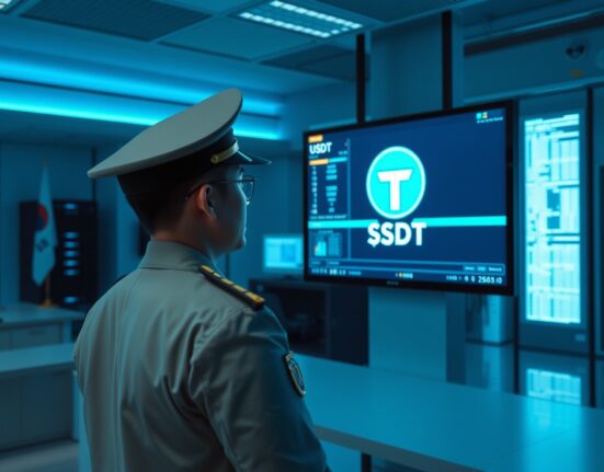 South Korean police officer monitoring blockchain data and USDT transactions in an investigation office