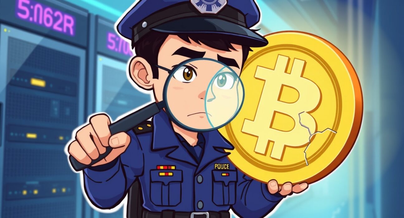 Cartoon detective investigating the Upbit hack on a glowing cryptocurrency coin.