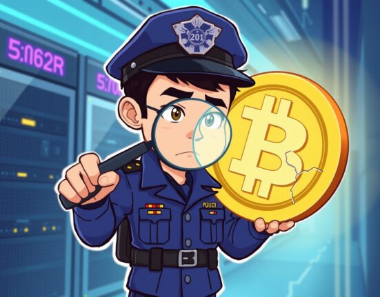 Cartoon detective investigating the Upbit hack on a glowing cryptocurrency coin.