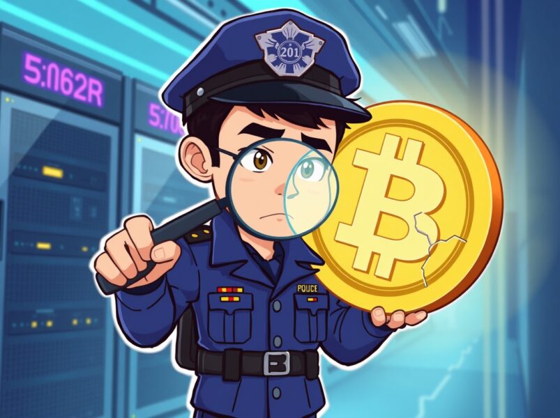 Cartoon detective investigating the Upbit hack on a glowing cryptocurrency coin.