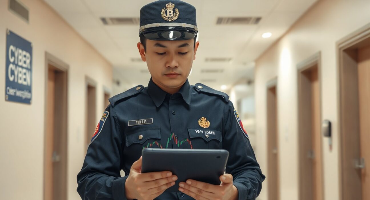South Korean police officer investigating cryptocurrency transaction data on a tablet in a police station corridor.