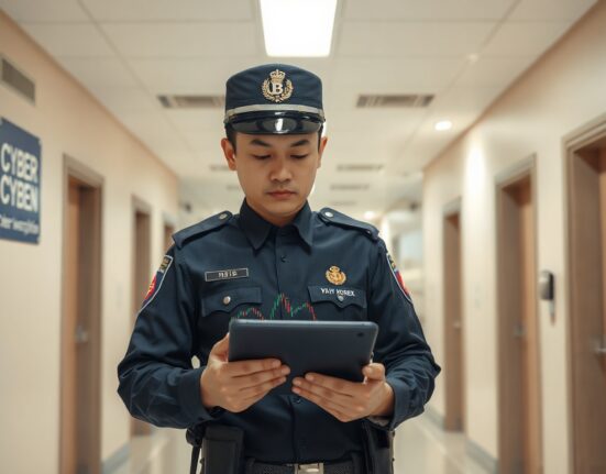 South Korean police officer investigating cryptocurrency transaction data on a tablet in a police station corridor.