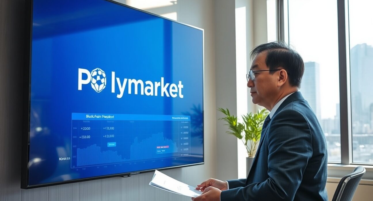 South Korean regulator reviewing Polymarket blockchain prediction market documents in a modern Seoul office