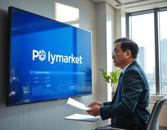 South Korean regulator reviewing Polymarket blockchain prediction market documents in a modern Seoul office