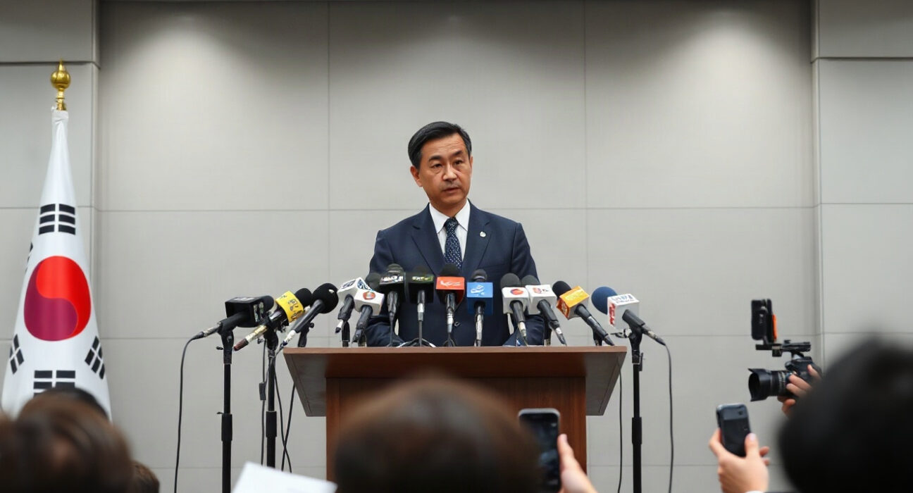 South Korean politician at a press conference podium with microphones, representing the People Power Party's stance on crypto taxation.