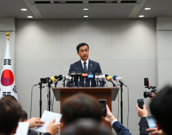 South Korean politician at a press conference podium with microphones, representing the People Power Party's stance on crypto taxation.