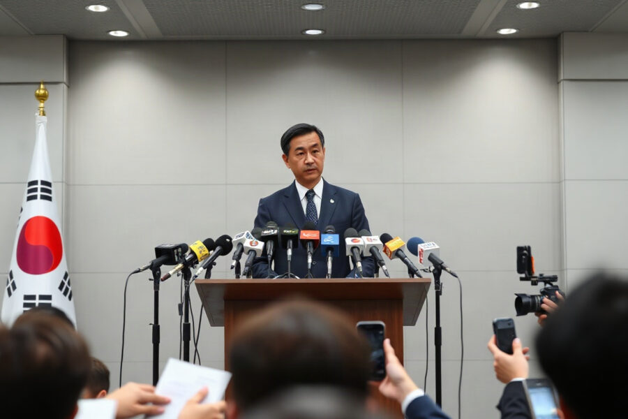 South Korean politician at a press conference podium with microphones, representing the People Power Party's stance on crypto taxation.