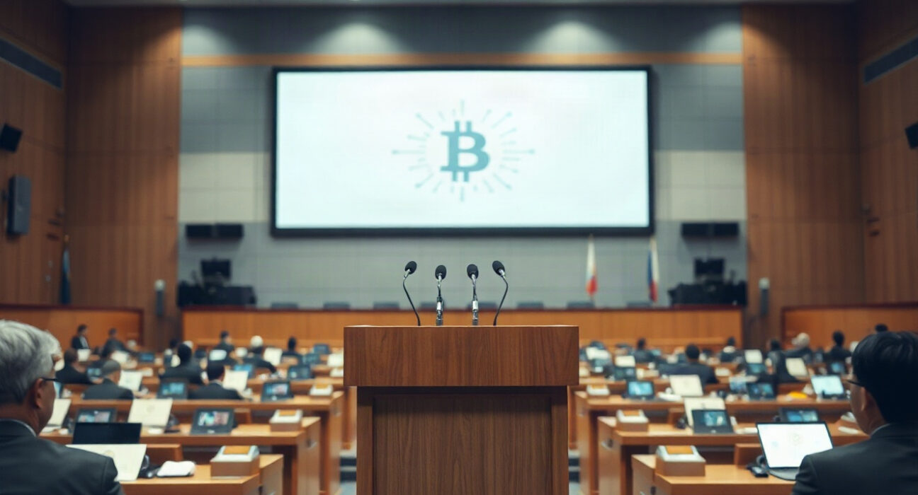 South Korean assembly hall with podium and digital currency graphics on screen