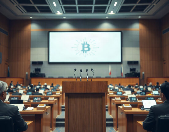 South Korean assembly hall with podium and digital currency graphics on screen