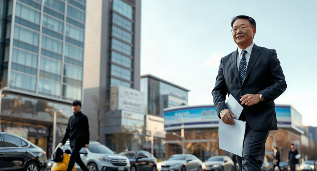 South Korean lawmaker Kim Sang-hoon walking near the National Assembly in Seoul, discussing stablecoin policy.
