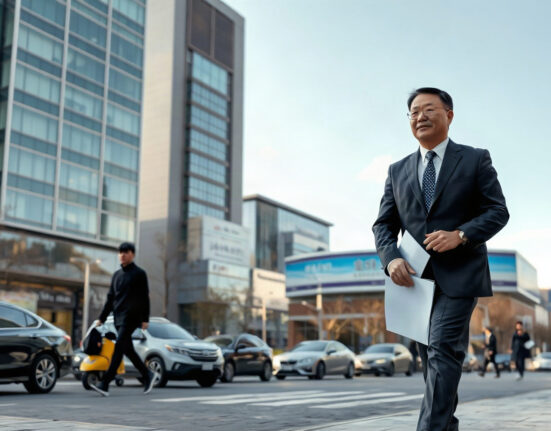 South Korean lawmaker Kim Sang-hoon walking near the National Assembly in Seoul, discussing stablecoin policy.