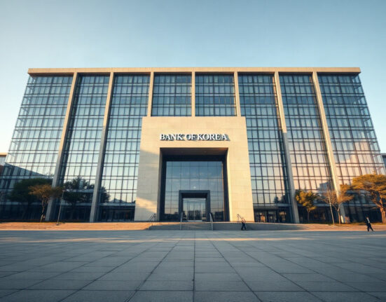 Bank of Korea headquarters in Seoul on a clear day, representing South Korea's monetary policy and producer price data.