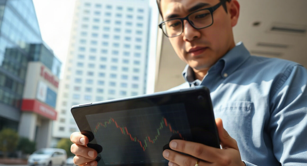 Financial analyst in Seoul reviewing cryptocurrency price chart on tablet