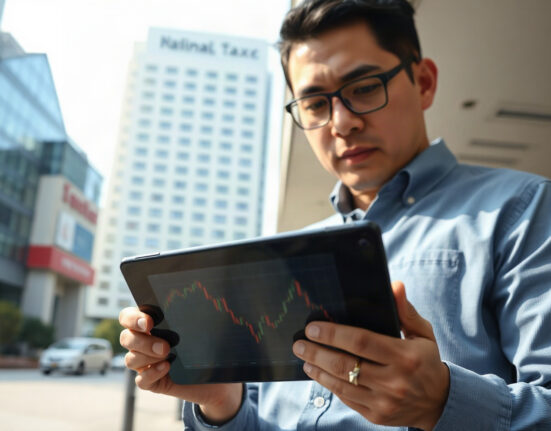 Financial analyst in Seoul reviewing cryptocurrency price chart on tablet