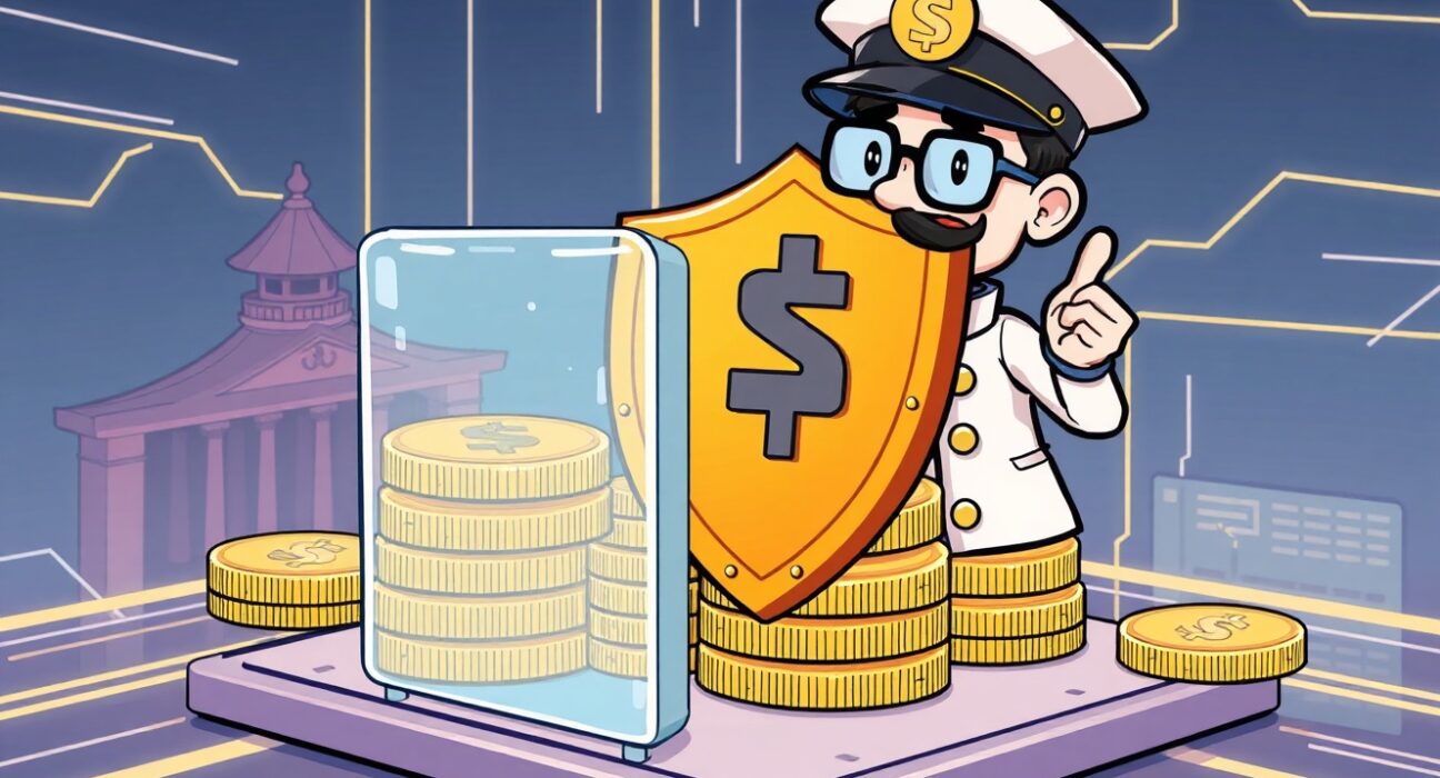 A cartoon illustration showing South Korea's commitment to fostering a secure and safe stablecoin environment through robust financial oversight.