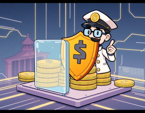 A cartoon illustration showing South Korea's commitment to fostering a secure and safe stablecoin environment through robust financial oversight.