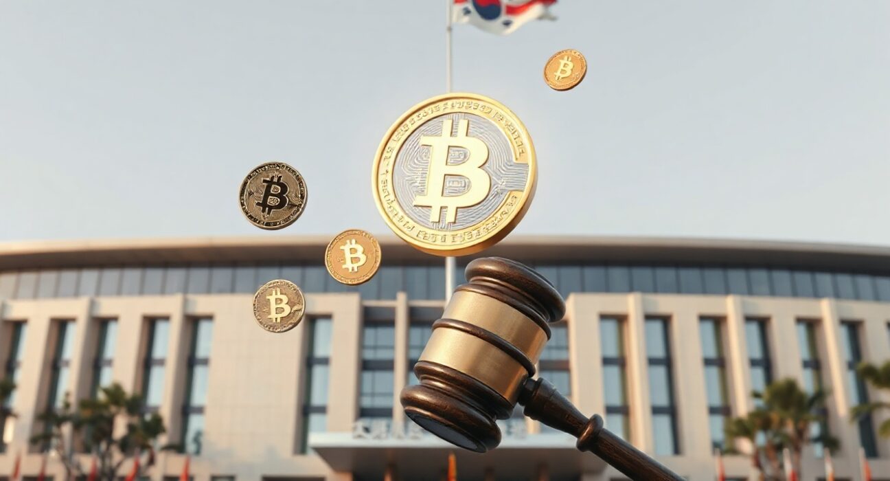 South Korean government building with digital crypto symbols, representing legal seizure of virtual assets