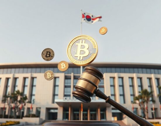 South Korean government building with digital crypto symbols, representing legal seizure of virtual assets