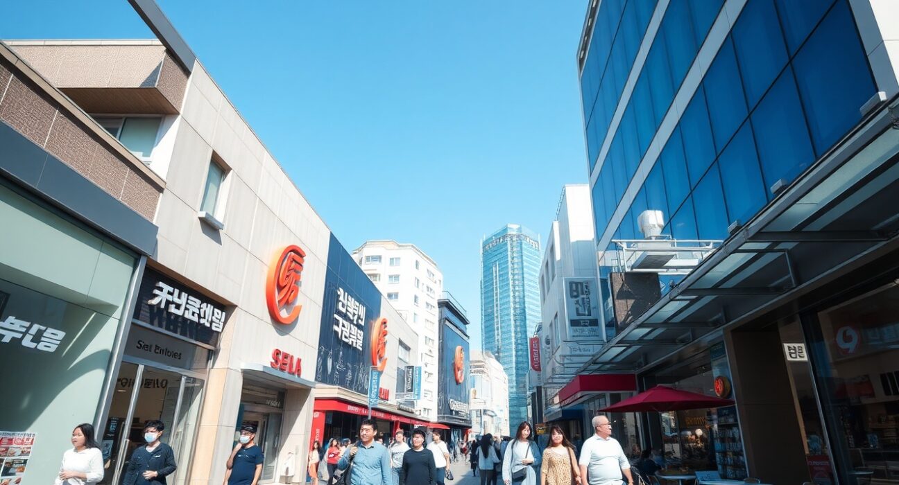 Busy commercial street in Seoul, South Korea, representing service sector activity.