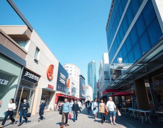 Busy commercial street in Seoul, South Korea, representing service sector activity.