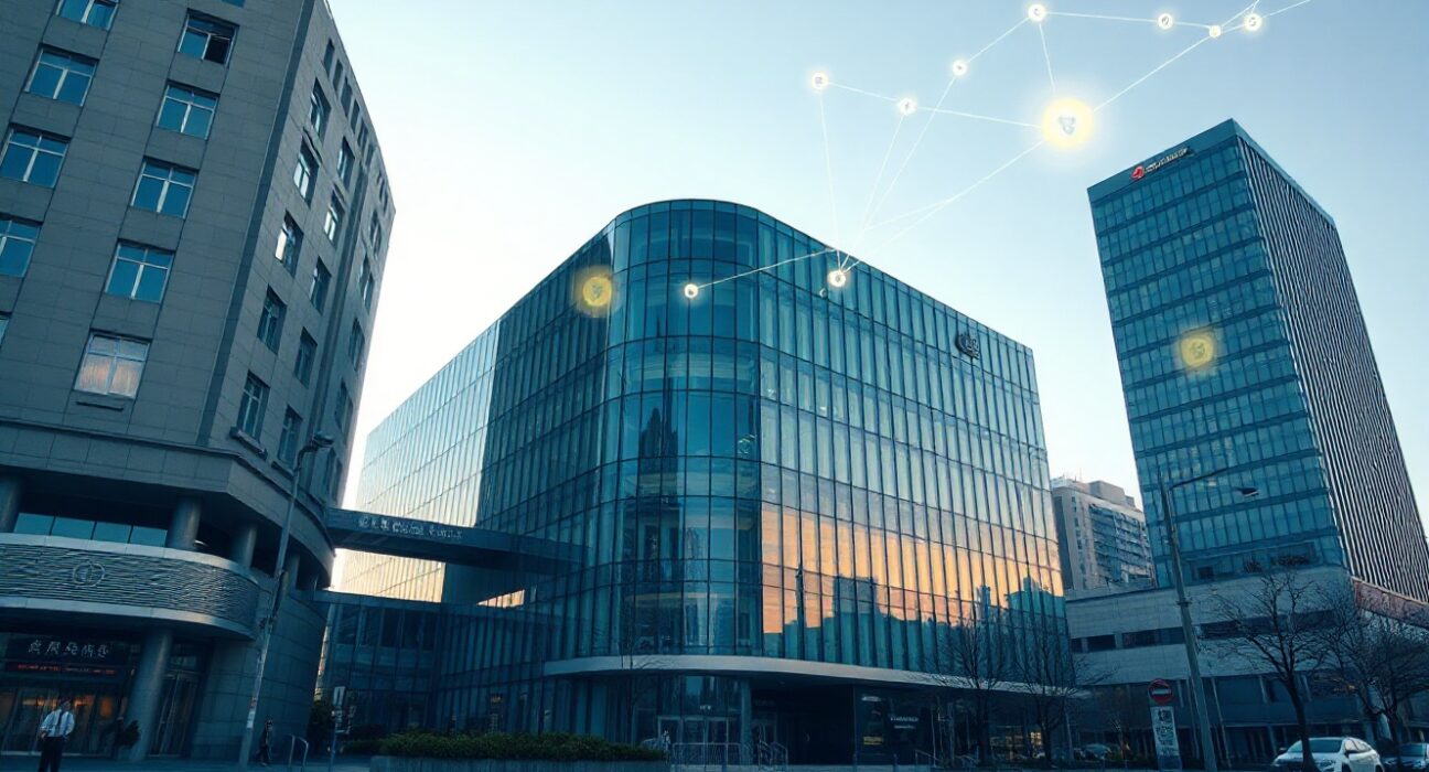 Modern financial building in Seoul with digital crypto symbols overlay, symbolizing banking and crypto regulation.