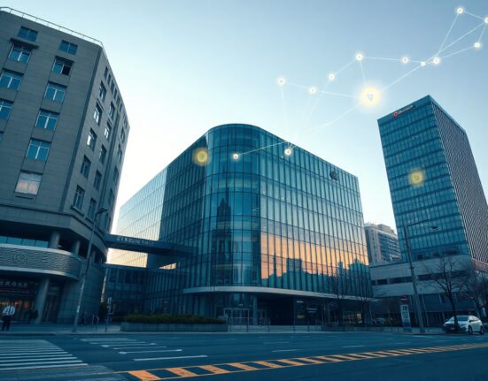 Modern financial building in Seoul with digital crypto symbols overlay, symbolizing banking and crypto regulation.