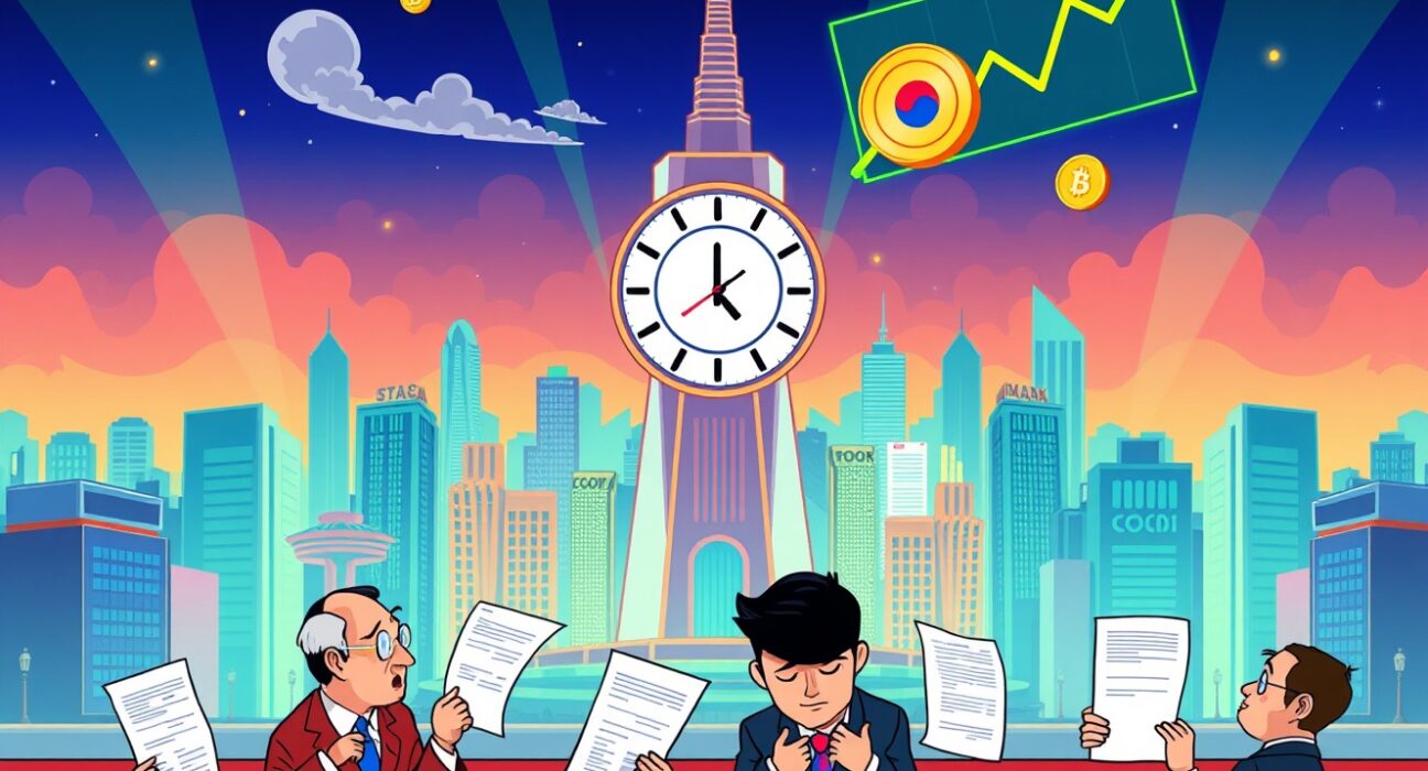 Cartoon illustration showing the delayed approval of spot crypto ETF in South Korea with paused clock and legislative documents.
