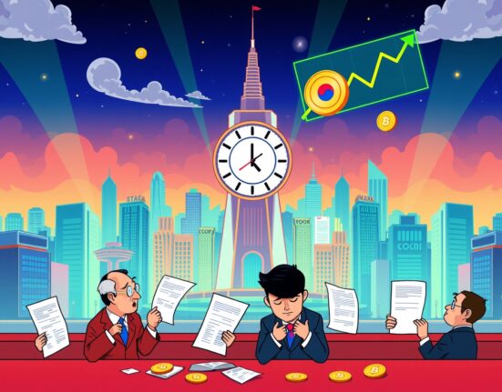 Cartoon illustration showing the delayed approval of spot crypto ETF in South Korea with paused clock and legislative documents.