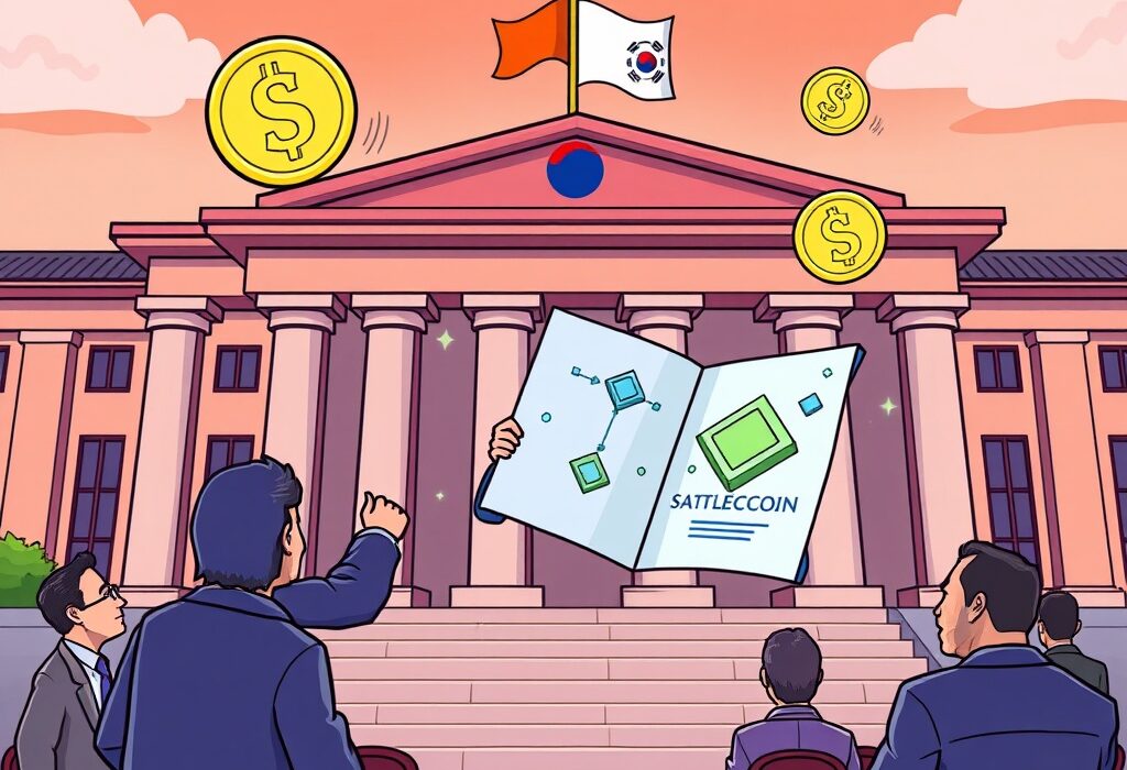 A cartoon illustration symbolizing the proposed South Korea stablecoin bill, showing a lawmaker presenting regulations for digital assets.