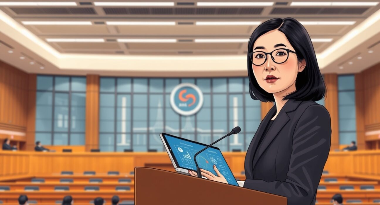 South Korean lawmaker Kim Hyun-jung discussing stablecoin legislation at the National Assembly.
