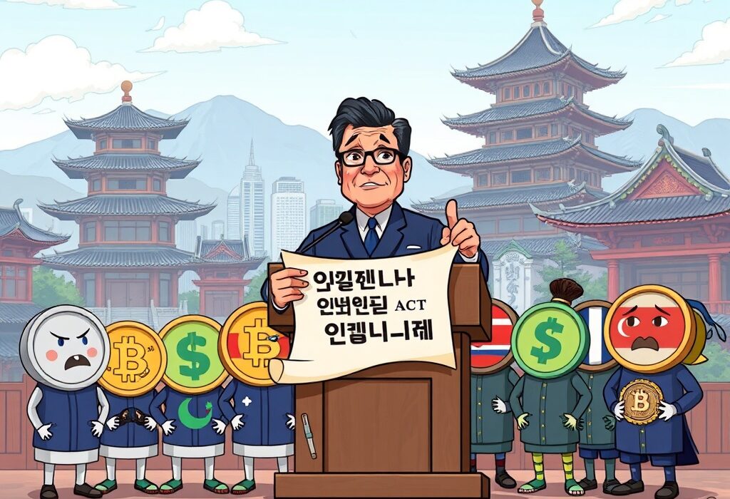 Cartoon of a lawmaker proposing a new South Korean stablecoin bill to regulate foreign digital assets, emphasizing national financial control.