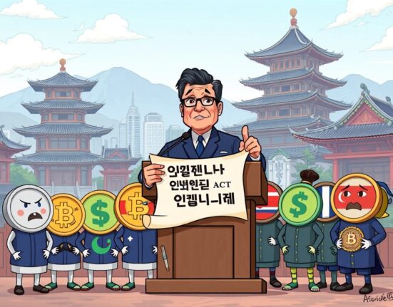 Cartoon of a lawmaker proposing a new South Korean stablecoin bill to regulate foreign digital assets, emphasizing national financial control.