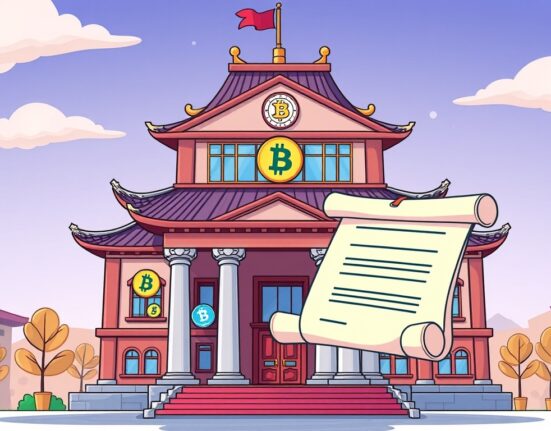 A cartoon illustration showing Kiwoom Securities' bold step into South Korea stablecoin development, bridging traditional finance with digital assets.